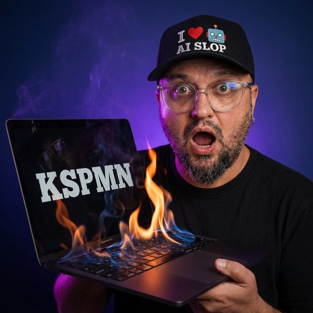 Pablo Ballester, KSPMN, con gorra de AI SLOP y un portátil con llamas